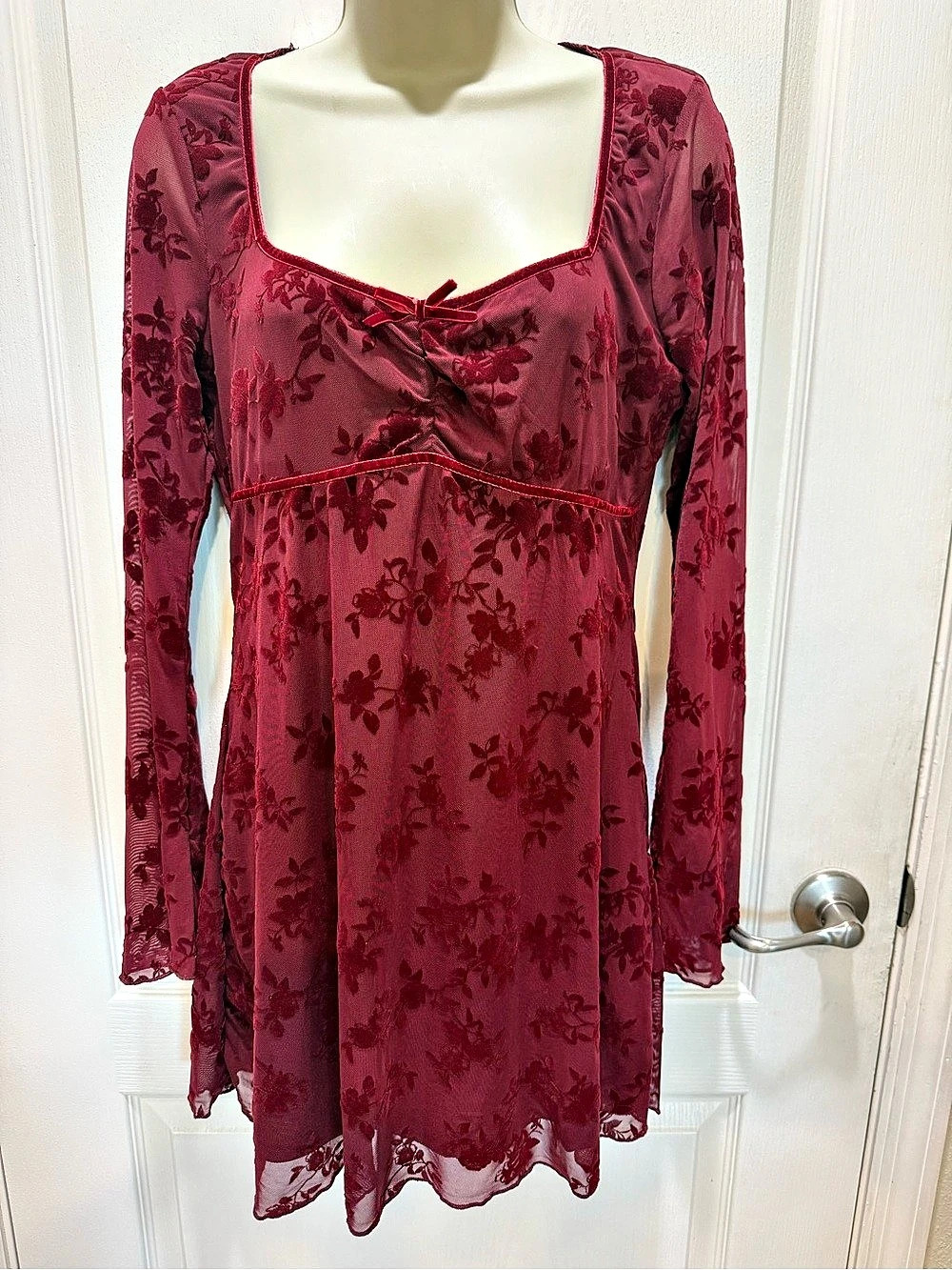 no comment Sheer Collection Floral Mini Dress Burgundy Large NWT whimsical fairy